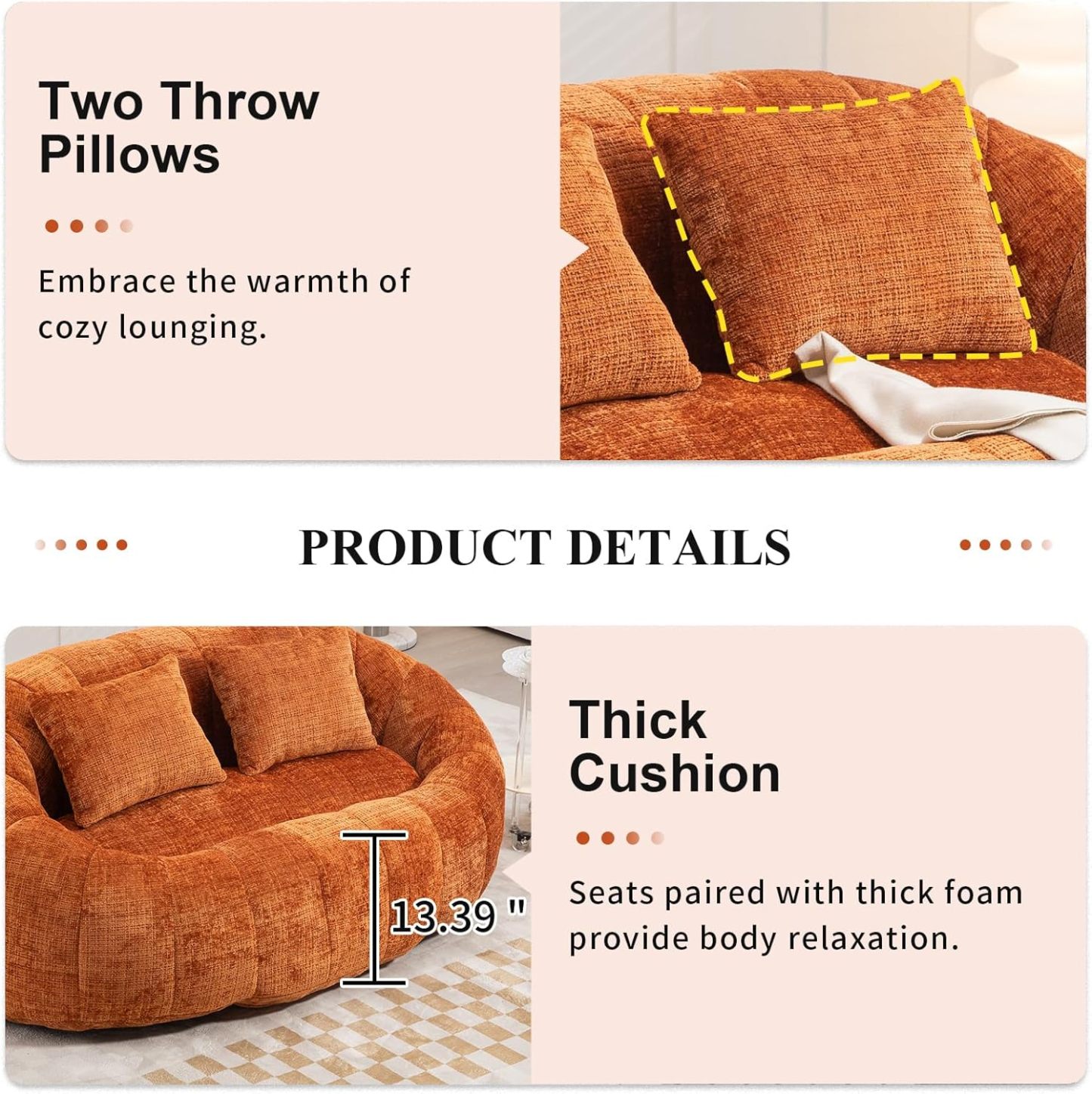 Oval Bean Bag Sofa, Chenille Upholstered Bean Bag Chair with Pillows, Padded Lazy Sofa with Tufted Backrest, Stuffed Bean Bag Couch with Thick Cushion