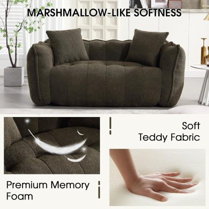 Giant Bean Bag Sofa Chair, Teddy Upholstered Bean Bag Couch with Petal Backrest, Tufted Lazy Sofa with Two Pillows