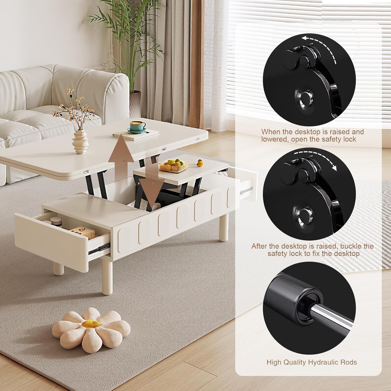 43.3" Modern Coffee Table, White Lift Top Coffee Table for Living Room, Boho Lift Table with Hidden Compartment and Adjustable Storage Shelf