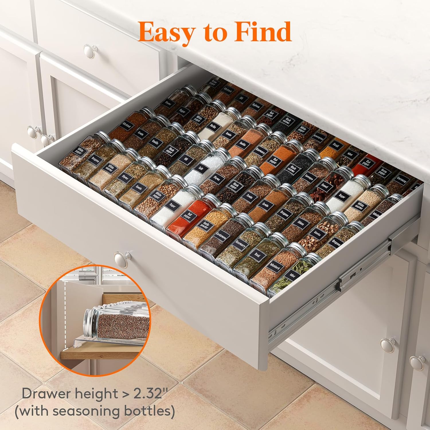 Plastic Adjustable Spice Drawer Organizer, Expandable Spice Rack for Countertop, Jar Storage Tray