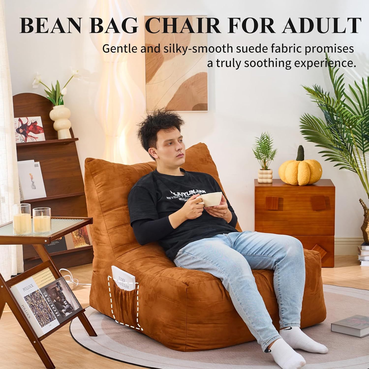 Bean Bag Chair for Adult, Suede Upholstered Bean Bag Sofa with Large Pocket, Stuffed Beanbag Chair with Pull-Ring