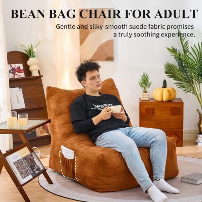 Bean Bag Chair for Adult, Suede Upholstered Bean Bag Sofa with Large Pocket, Stuffed Beanbag Chair with Pull-Ring