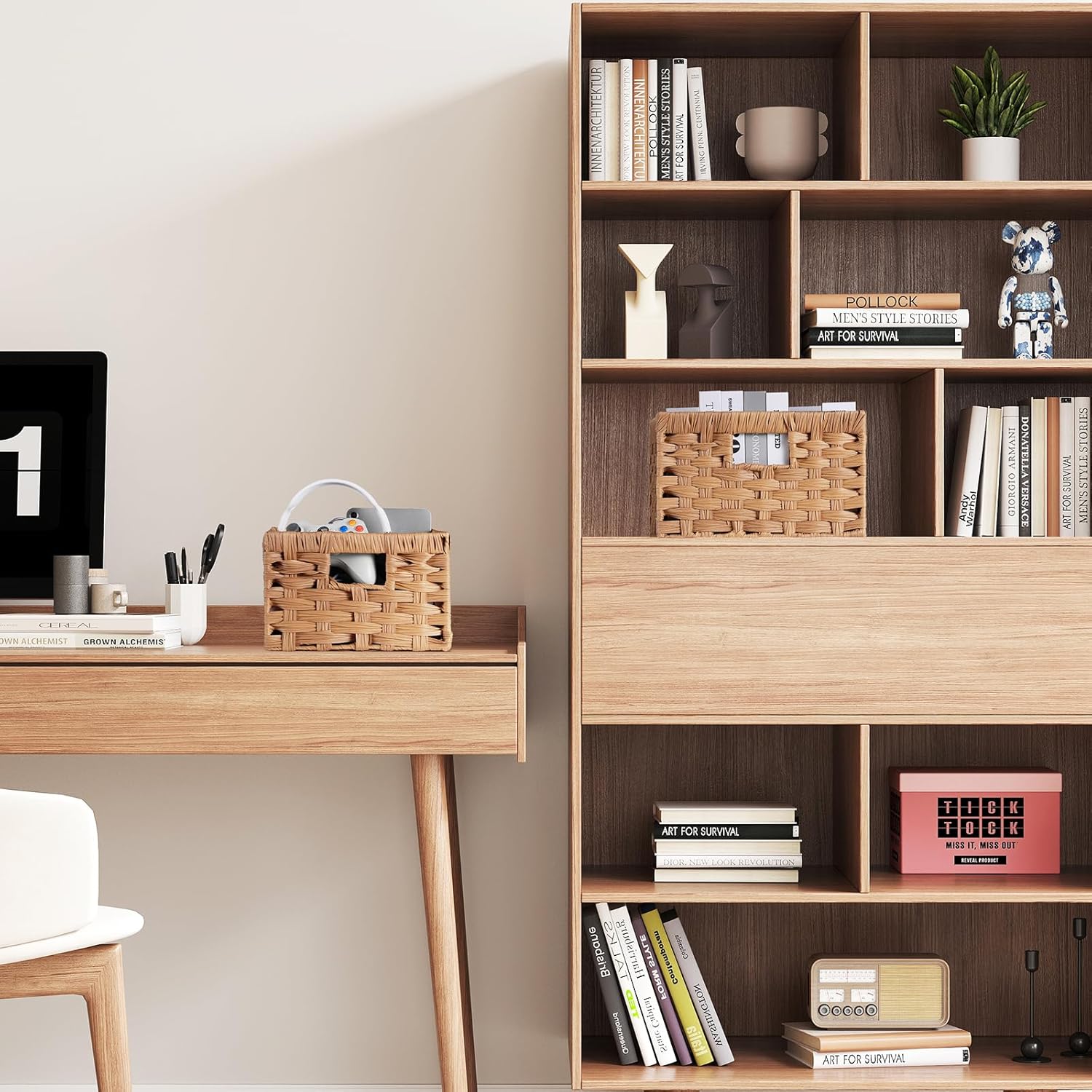 Handwoven PP Wicker Storage Basket, Waterproof Imitation Rattan Basket with Built-in Handles