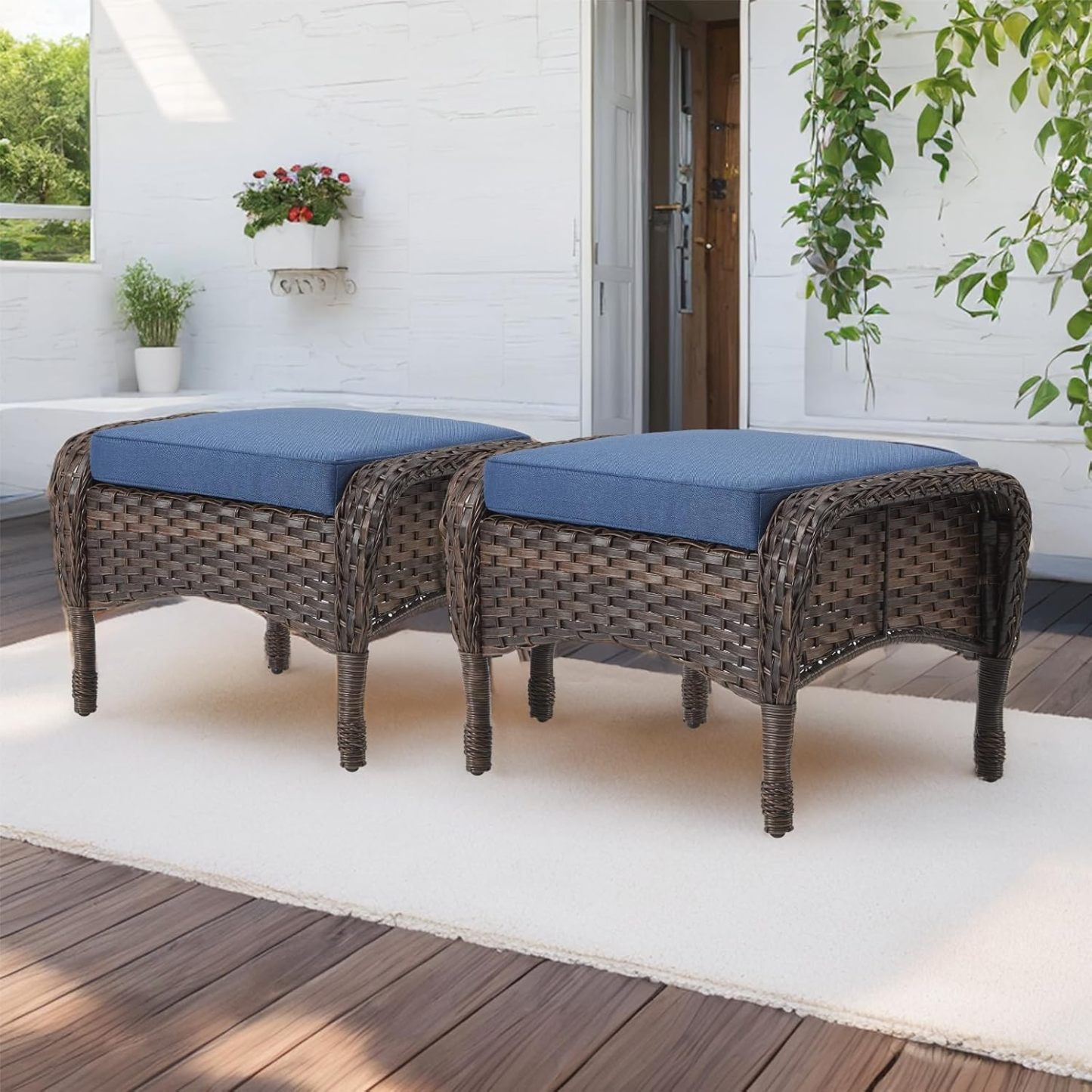 Outdoor Ottoman-Patio Rattan Footstool with Cushions Blue