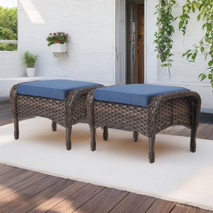Outdoor Ottoman-Patio Rattan Footstool with Cushions Blue