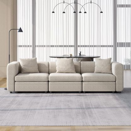 Off-White Comfy Queen Sectional Sofa, Sleeper Sofa Couch with Removable Cushion, Modular Sofa with Pillows and Storage Chaise