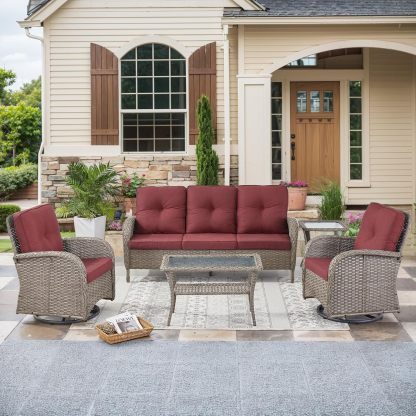 Wicker Patio Furniture Set-All Weather Rattan Patio Sofa Set with Swivel Rocker Chairs Outdoor Conversation Set