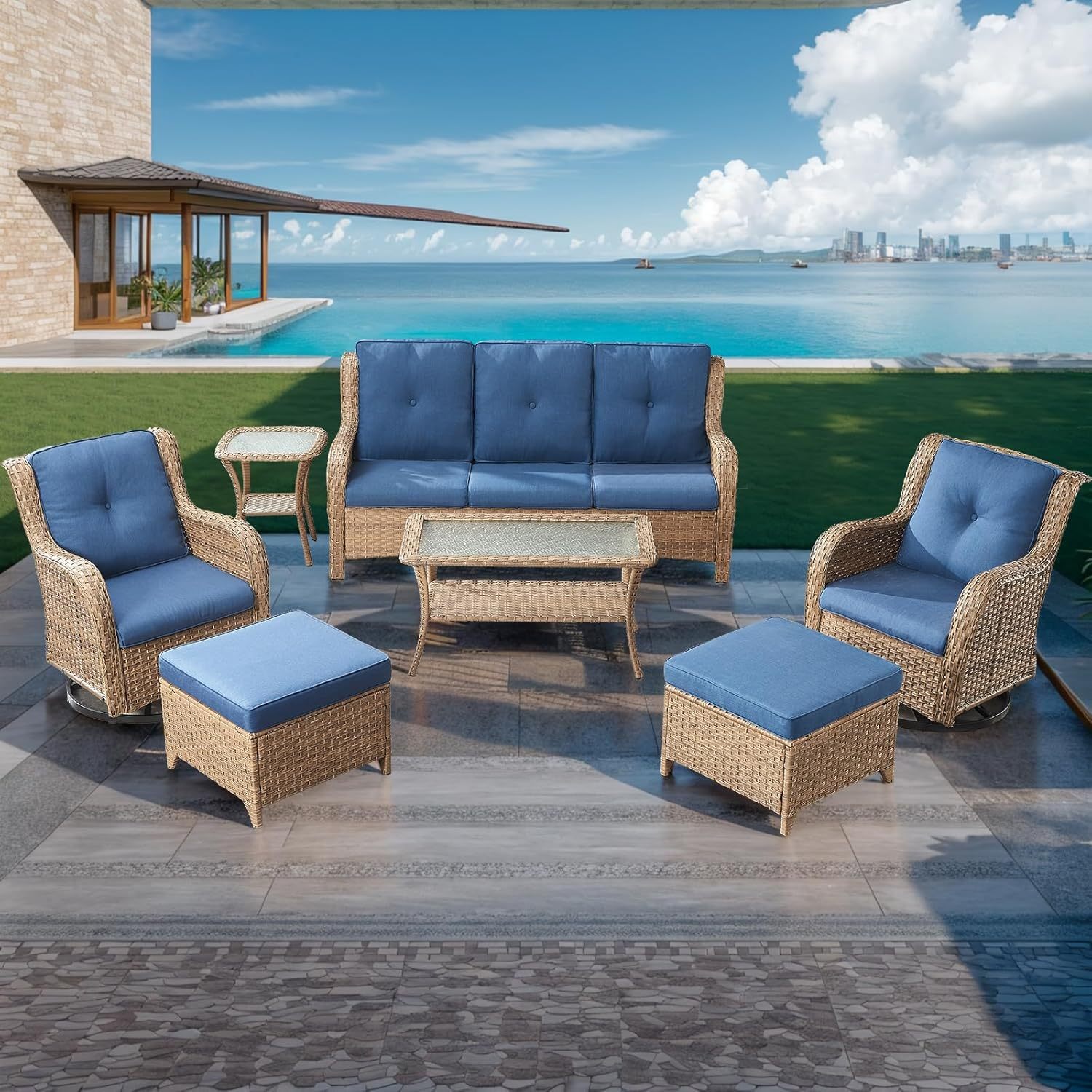 Patio Furniture 7 Pieces Outdoor Furniture Set PE Wicker Patio Couch with Swivel Rocker Chairs,Patio Ottomans,Outdoor Tables