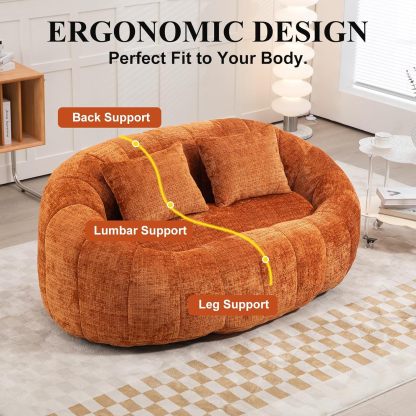 Oval Bean Bag Sofa, Chenille Upholstered Bean Bag Chair with Pillows, Padded Lazy Sofa with Tufted Backrest, Stuffed Bean Bag Couch with Thick Cushion