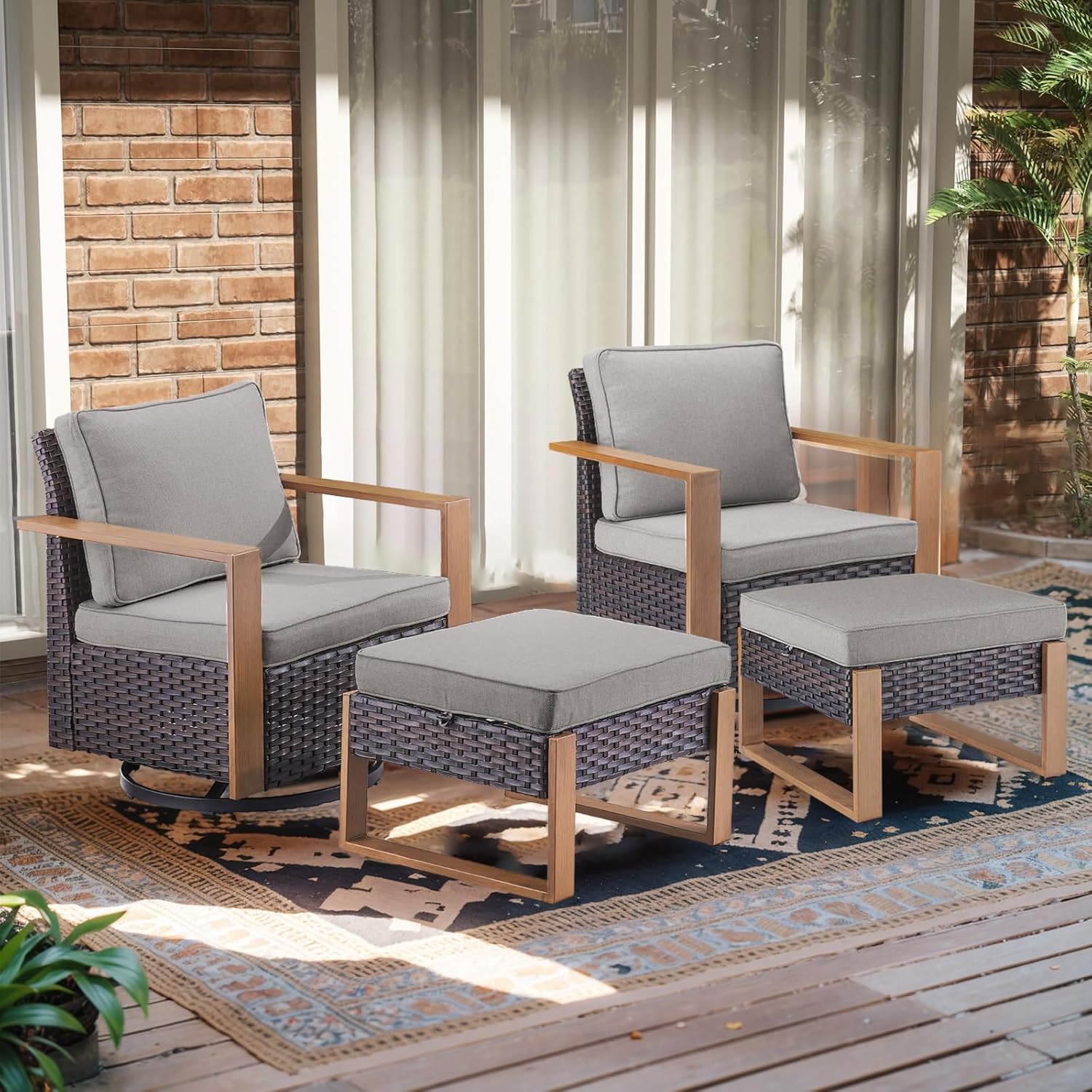 4 Piece Patio Furniture-High Back Swivel Glider Chair with Ottomans Outdoor Furniture Set for Deck Porch Balcony