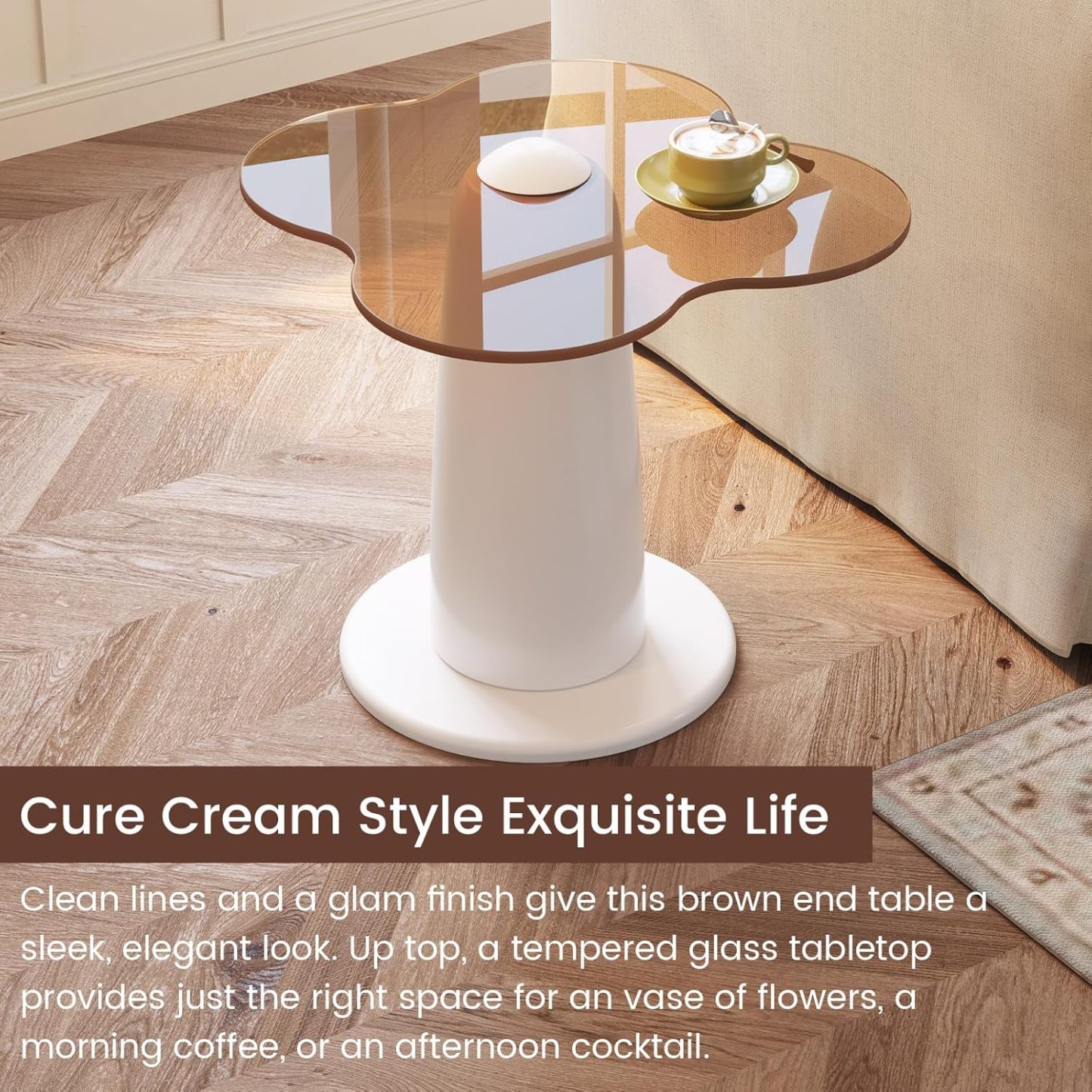 Compact Brown Glass Coffee Table, Brown Tempered Glass End Table, Modern Coffee Table with White Stable Pedestal