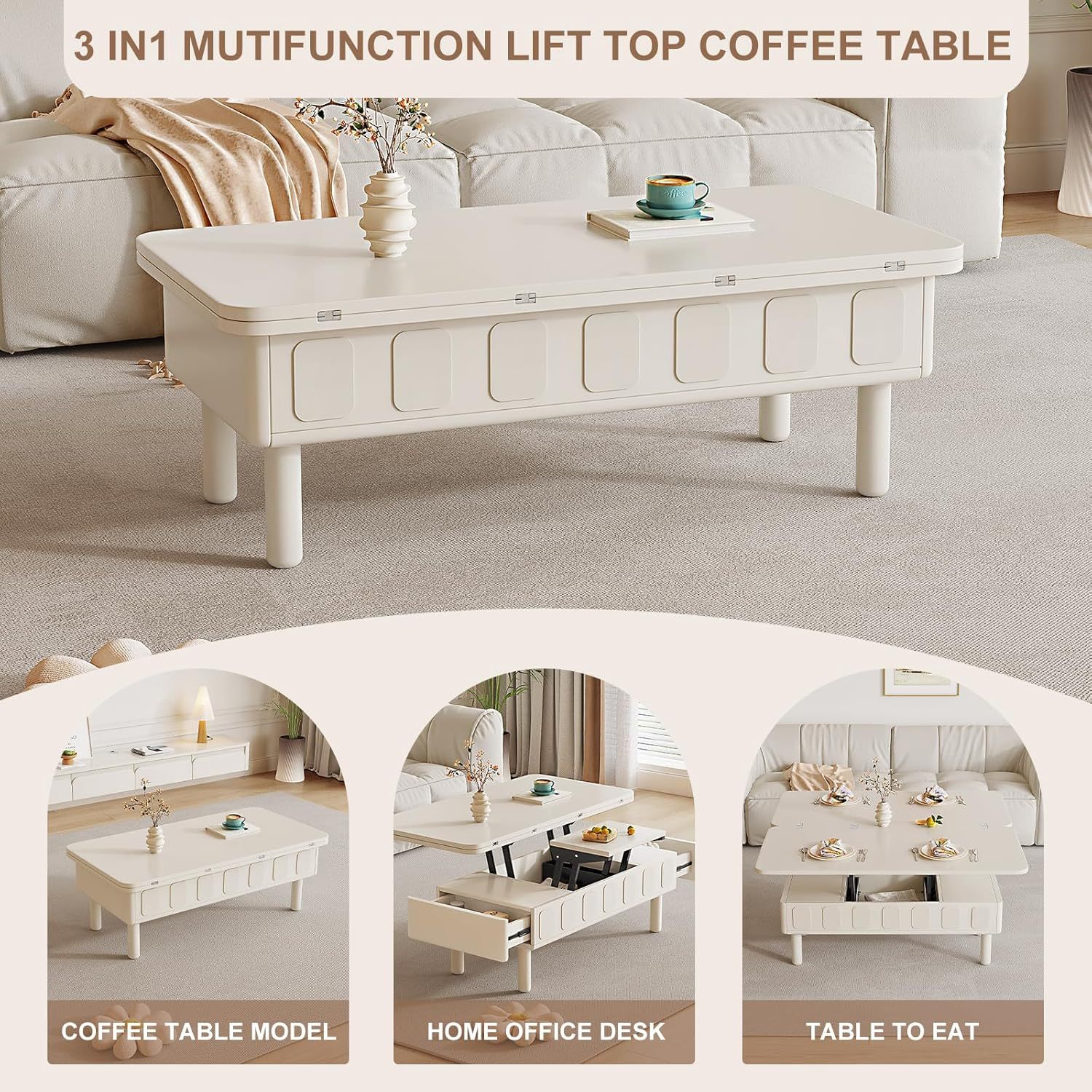 43.3" Modern Coffee Table, White Lift Top Coffee Table for Living Room, Boho Lift Table with Hidden Compartment and Adjustable Storage Shelf