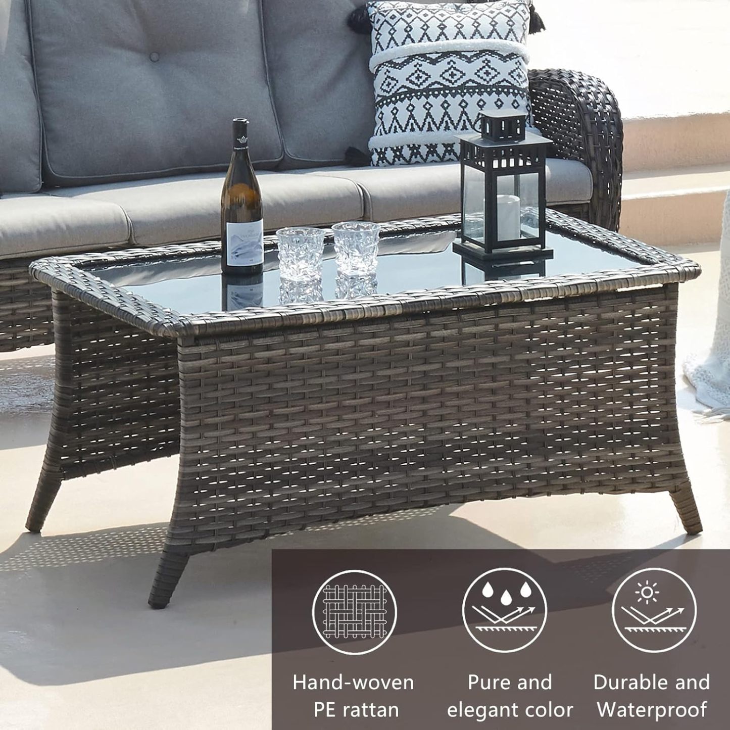 Outdoor Coffee Table Patio Rattan Patio Side Table Built-in Black Glass Top PE Wicker Rectangle Sofa Table Dark Brown