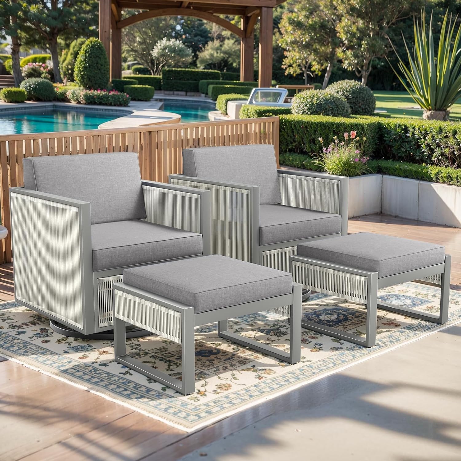 Rocking Chair Outdoor-High Back Swivel Rocking Chair with Ottoman Outdoor Patio Furniture Set for Patio Garden Porch