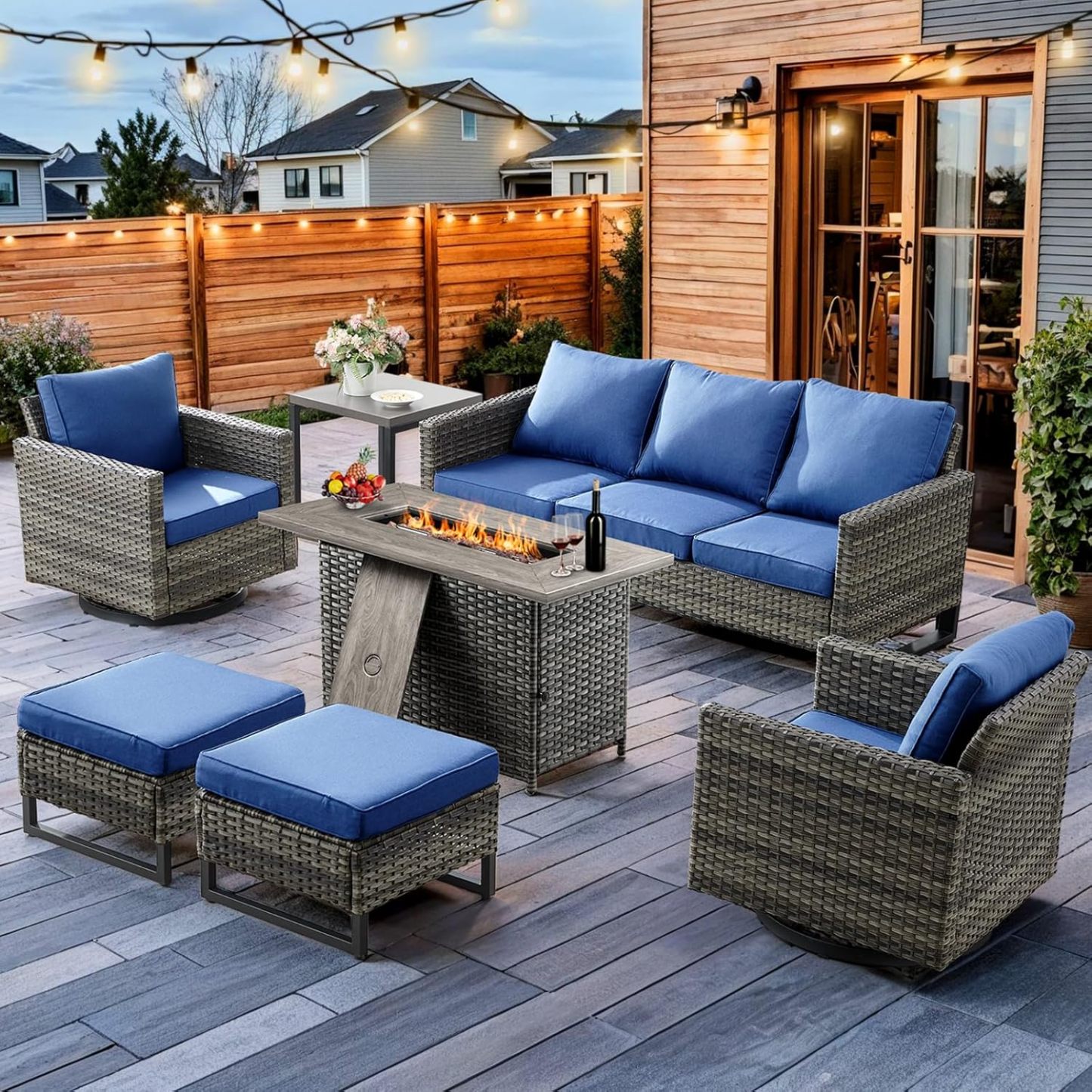 7 Piece Patio Furniture Set with Fire Pit 41in 55,000 BTU,Wicker Outdoor Conversation Sets - Patio Swivel Chairs Sofa Ottomans,Side Table for Porch,Garden,Backyard
