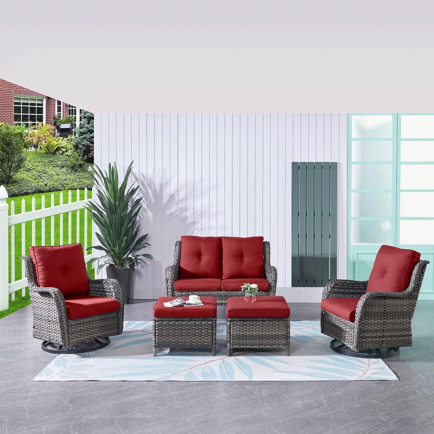 5 Pieces Outdoor Furniture Patio Furniture Set Wicker Swivel Patio Cha