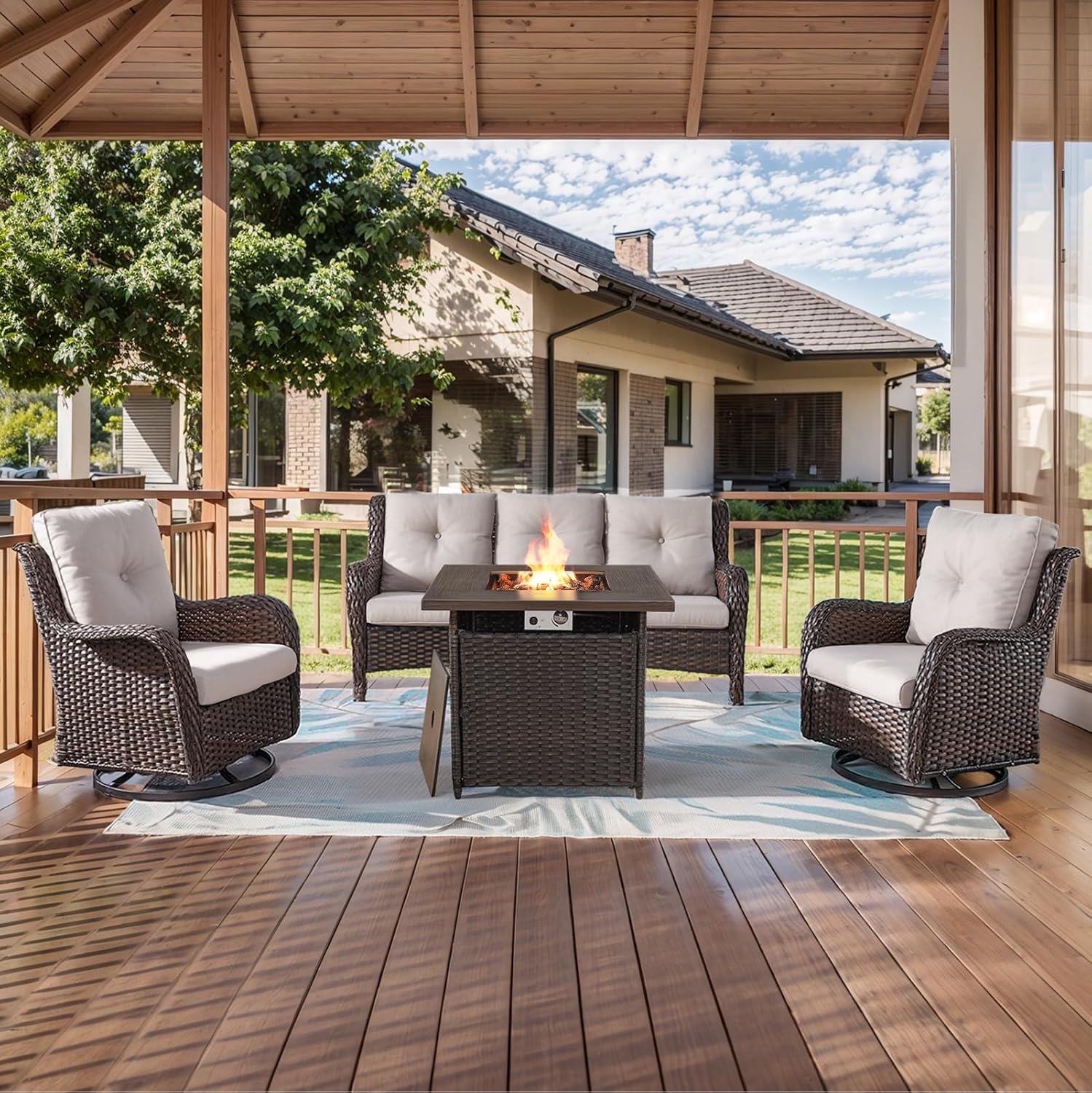 Furniture with Fire Pit 4-Piece Wicker Outdoor Sectional Couch and Swivel Rocking Chairs, Propane Fire Pit Conversation Set