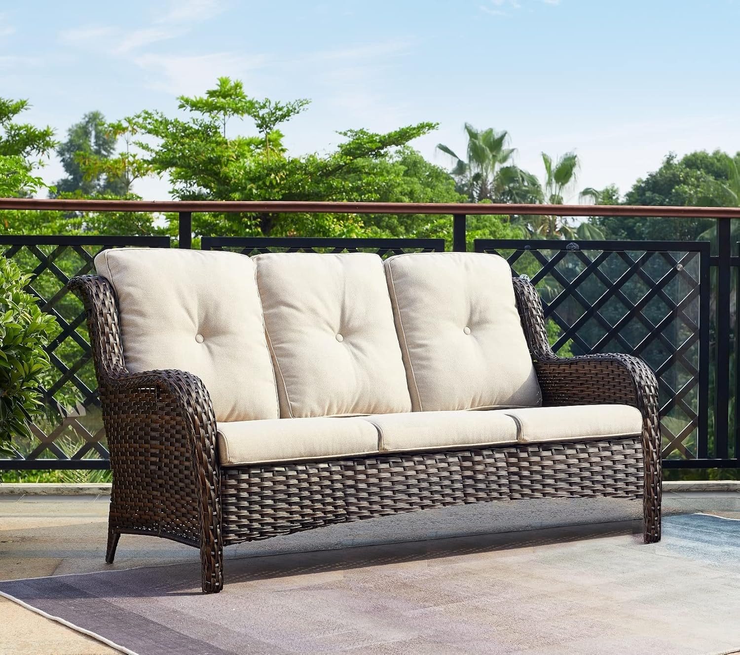 3-Seat Outdoor Wicker Sofa PE Rattan Patio Couch with Cushions,Deep Seat High Curved Back Armset Patio Sofa