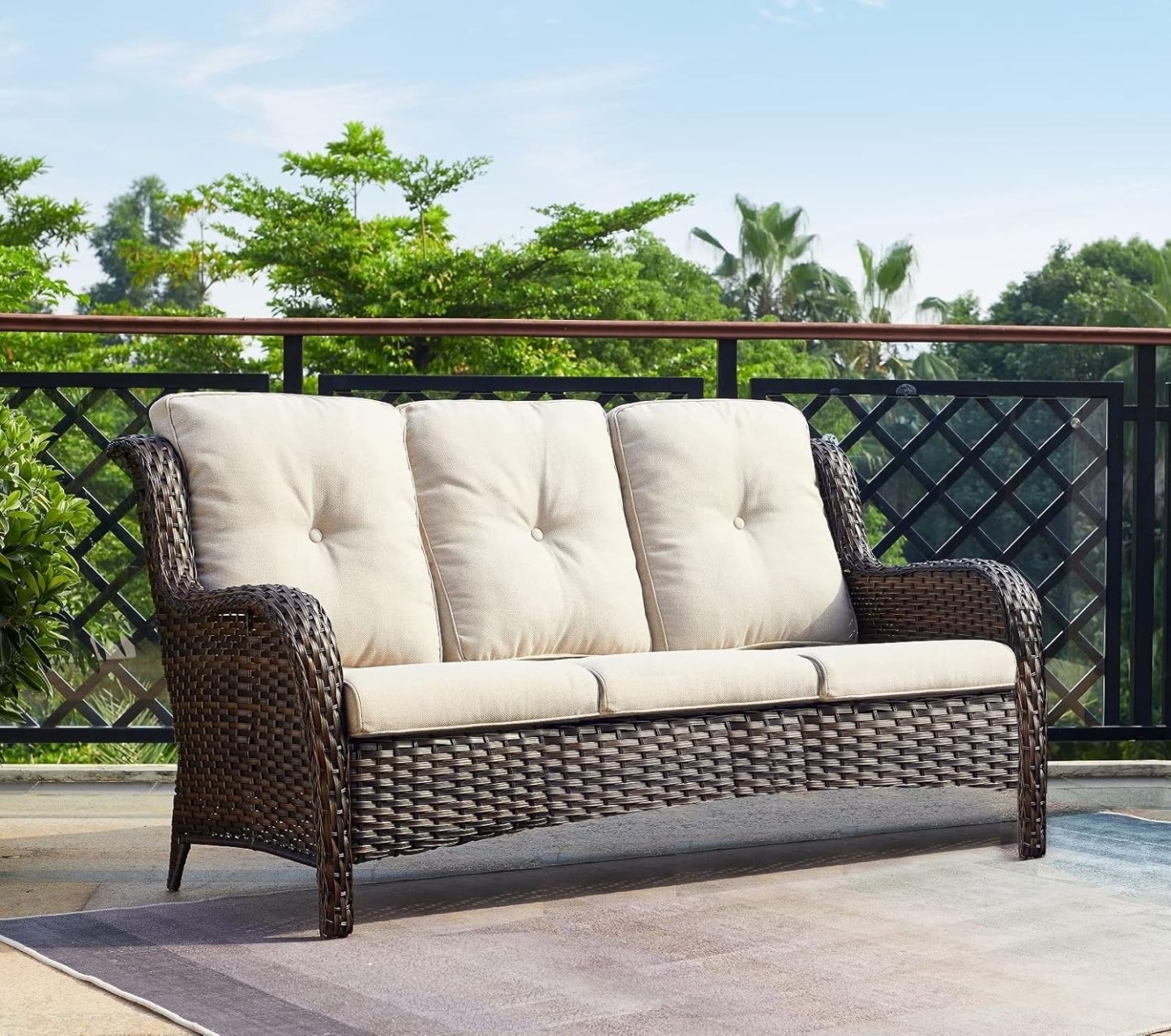 3-Seat Outdoor Wicker Sofa PE Rattan Patio Couch with Cushions,Deep Seat High Curved Back Armset Patio Sofa