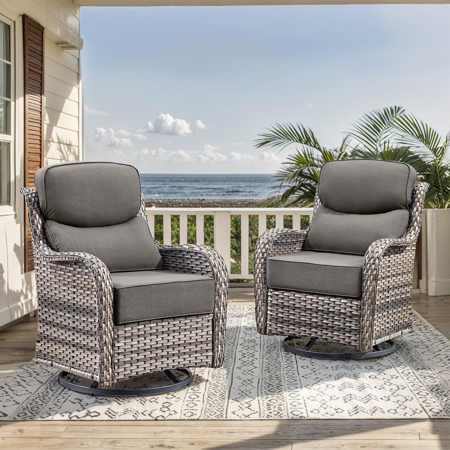 Outdoor Patio Wicker Swivel Rocker Chairs Set of 2 with 6-Inch Thick Cushion