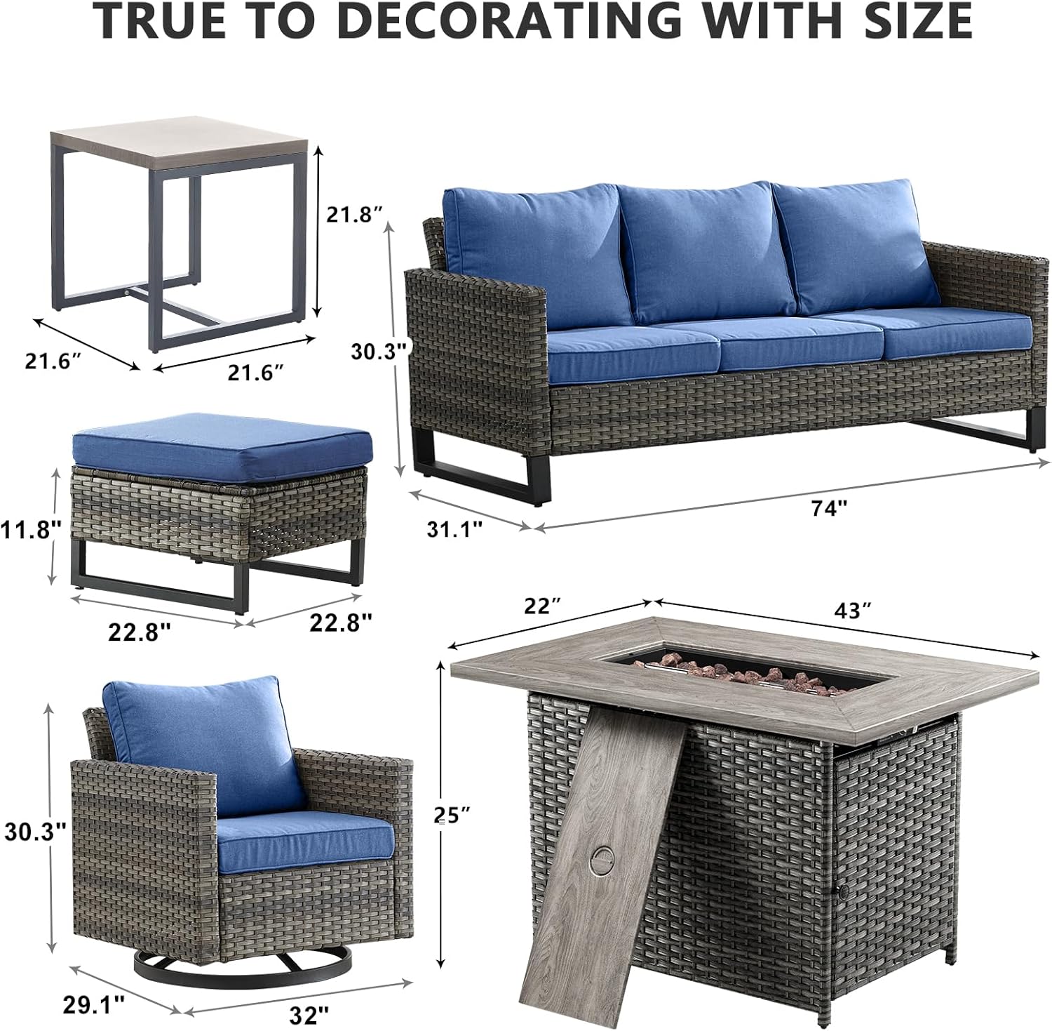 7 Piece Patio Furniture Set with Fire Pit 41in 55,000 BTU,Wicker Outdoor Conversation Sets - Patio Swivel Chairs Sofa Ottomans,Side Table for Porch,Garden,Backyard