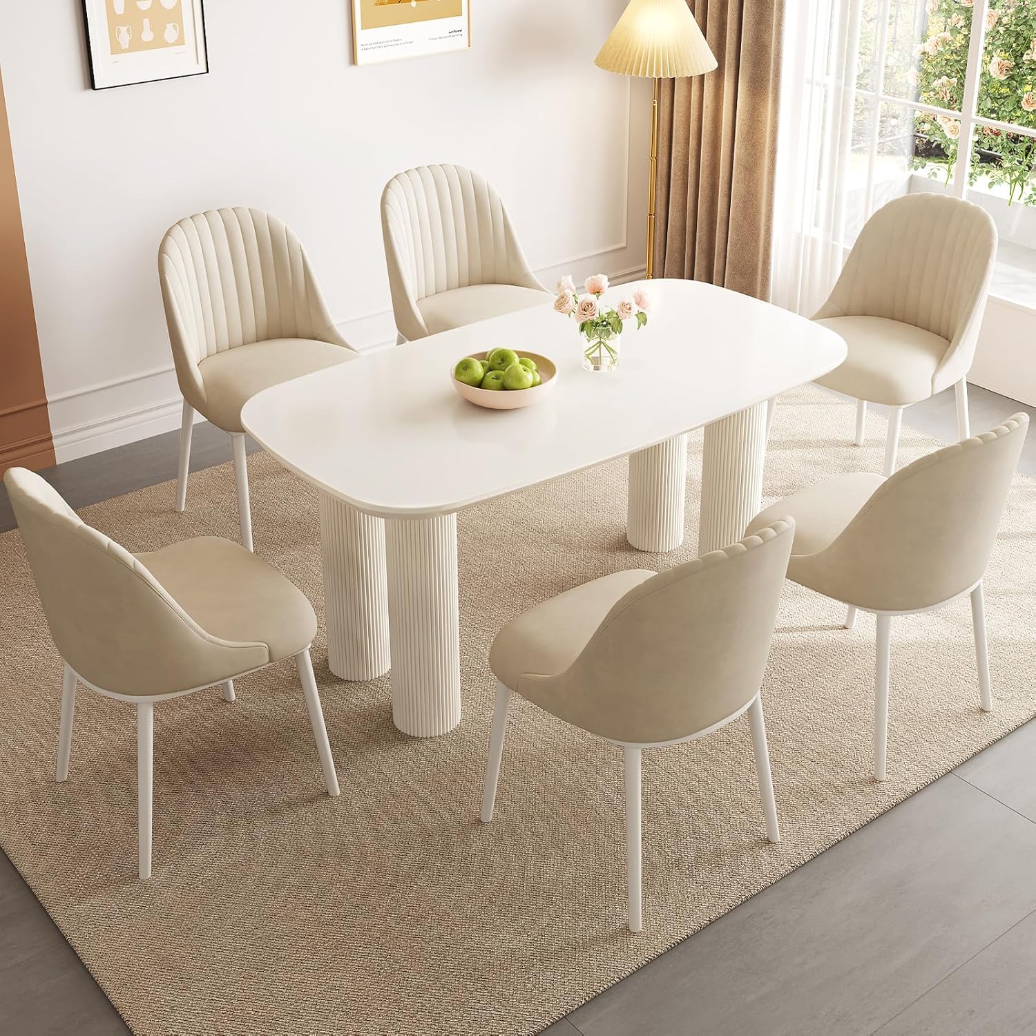 Large 63" Kitchen Dining Table, White Dining Room Table for 2-6, Small White Kitchen Table with 1.77" Sturdy Thick Table Top, Modern Dining Table with Sturdy Pedestal Legs