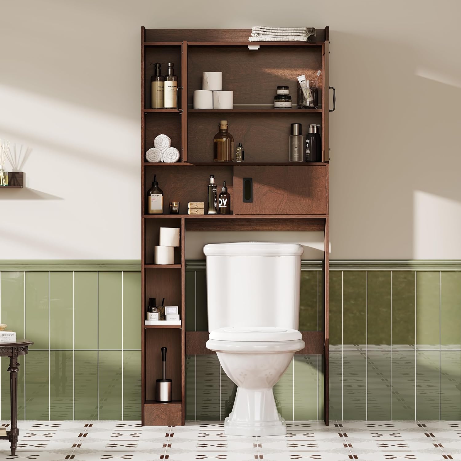 Over The Toilet Storage Cabinet, Farmhouse Bathroom Storage Cabinet with Barn Doors, Sliding Drawer, Adjustable Shelves