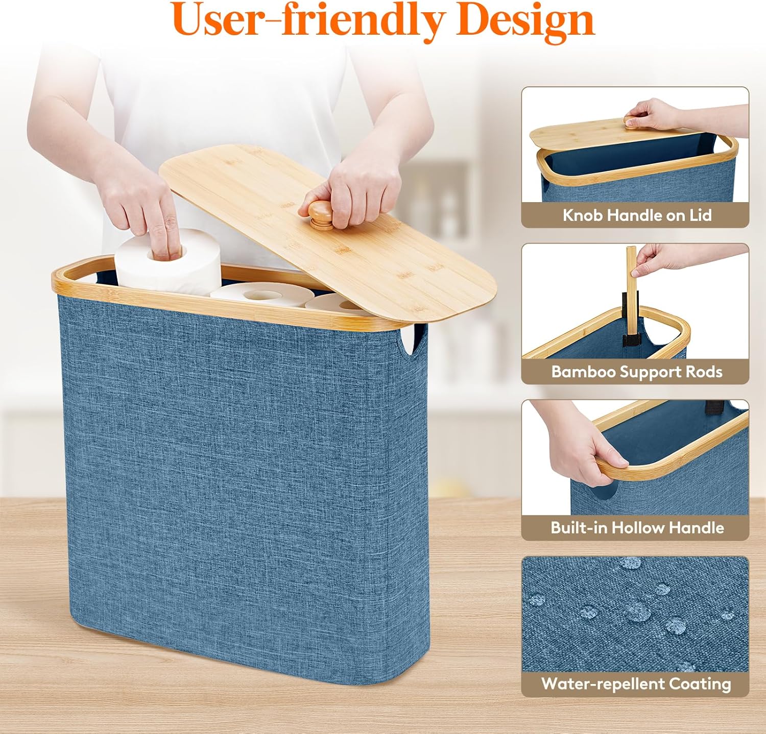 Toilet Paper Storage 30L, Bamboo Toilet Paper Basket with Lid and Handle, Free Standing Toilet Paper Holder Stand