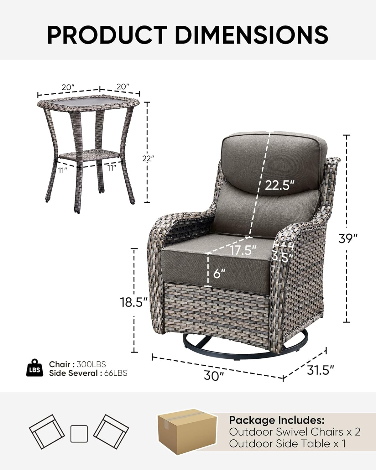 Outdoor Patio Wicker Swivel Rocker Chairs with 6-Inch Thick Cushion High Back 3 PCS
