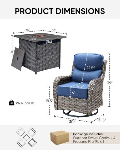 Wicker Patio Furniture Set with Patio Swivel Chairs Set of 4 and 50,000 BTU Fire Pit Table,6 Inch Thick Cushions High Back Outdoor Swivel Rocker Chairs Set for Porch, Balcony