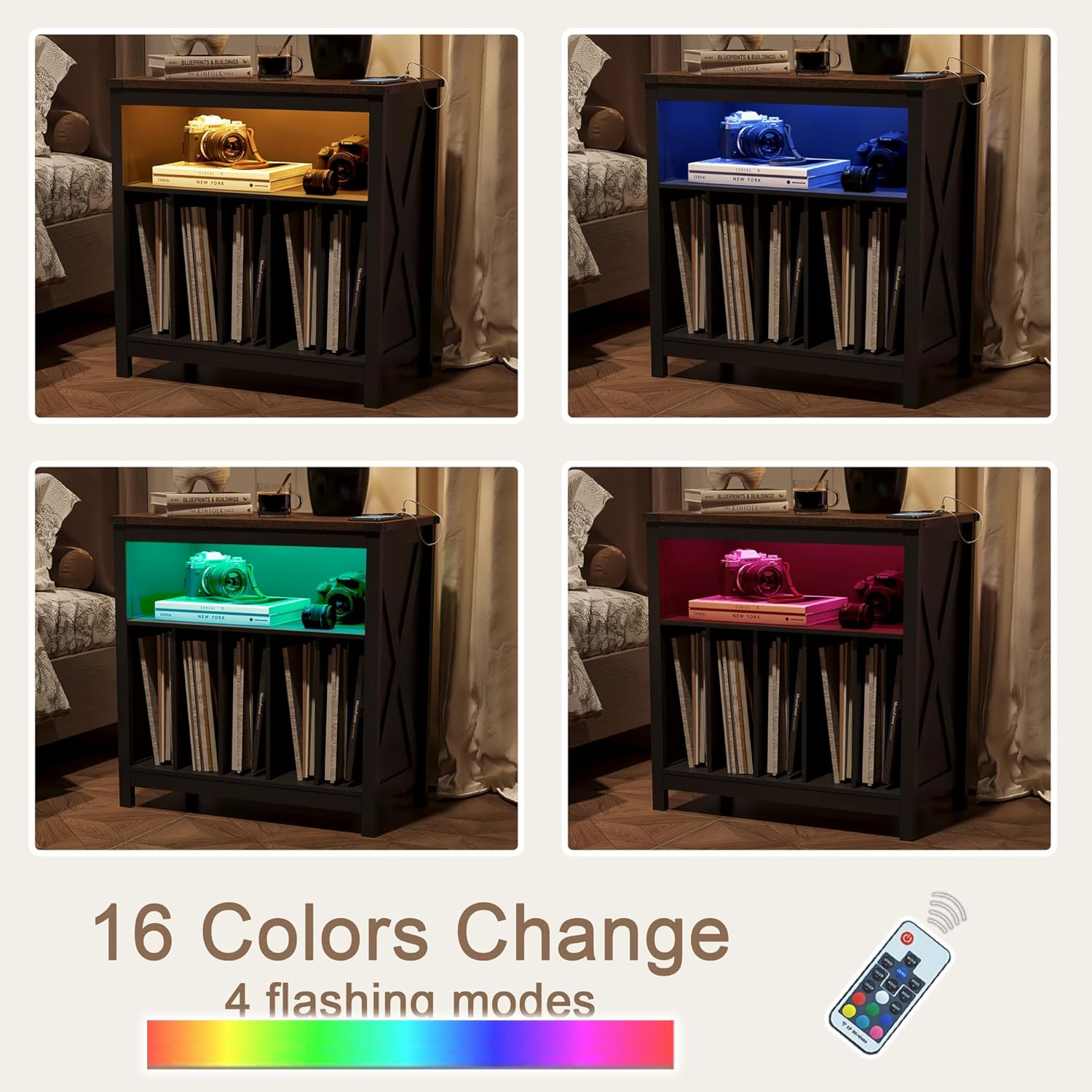 Large Record Player Stand with Charging Station & LED Light, Vinyl Record Holder hold up to 300 Albums