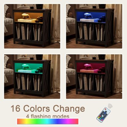 Large Record Player Stand with Charging Station & LED Light, Vinyl Record Holder hold up to 300 Albums