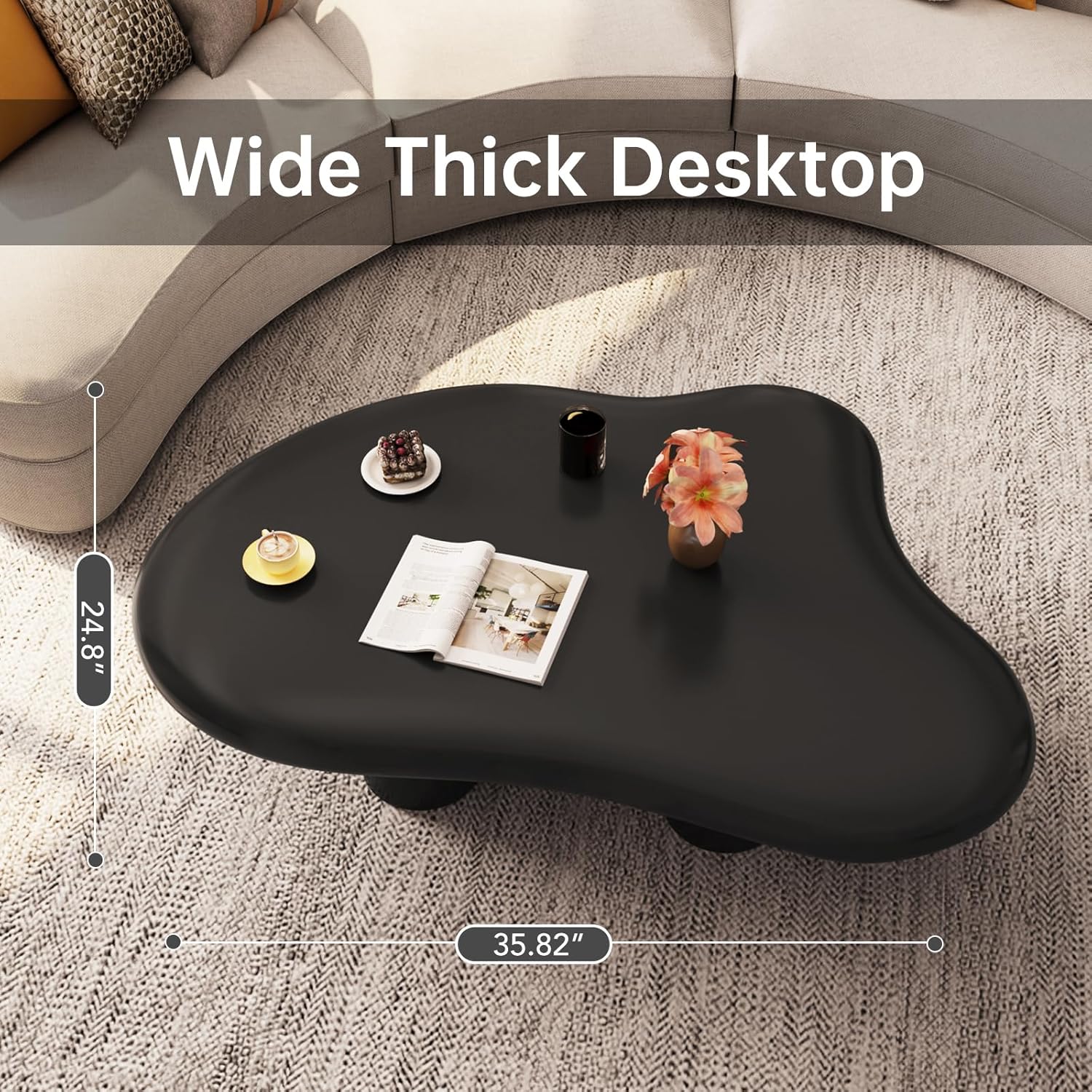 35.82" Black Cloud Coffee Table, Modern Round Edge Coffee Table with 4 Sturdy Support Legs and 2.67" Thick Tabletop,Easy Match for Living Room