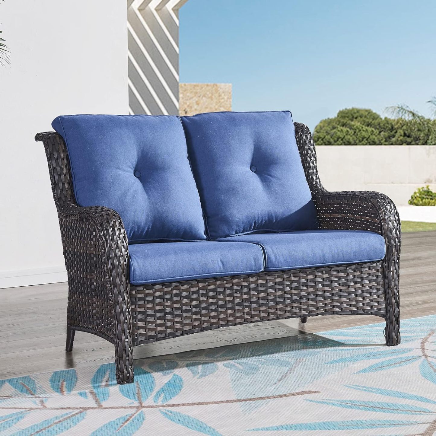 Outdoor Loveseat Sofa 2-Seat PE Rattan Patio Love Seat with Cushions,Deep Seat High Curved Back Armset Sectional Couch for Patio,Garden,Yard,Porch