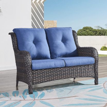 Outdoor Loveseat Sofa 2-Seat PE Rattan Patio Love Seat with Cushions,Deep Seat High Curved Back Armset Sectional Couch for Patio,Garden,Yard,Porch