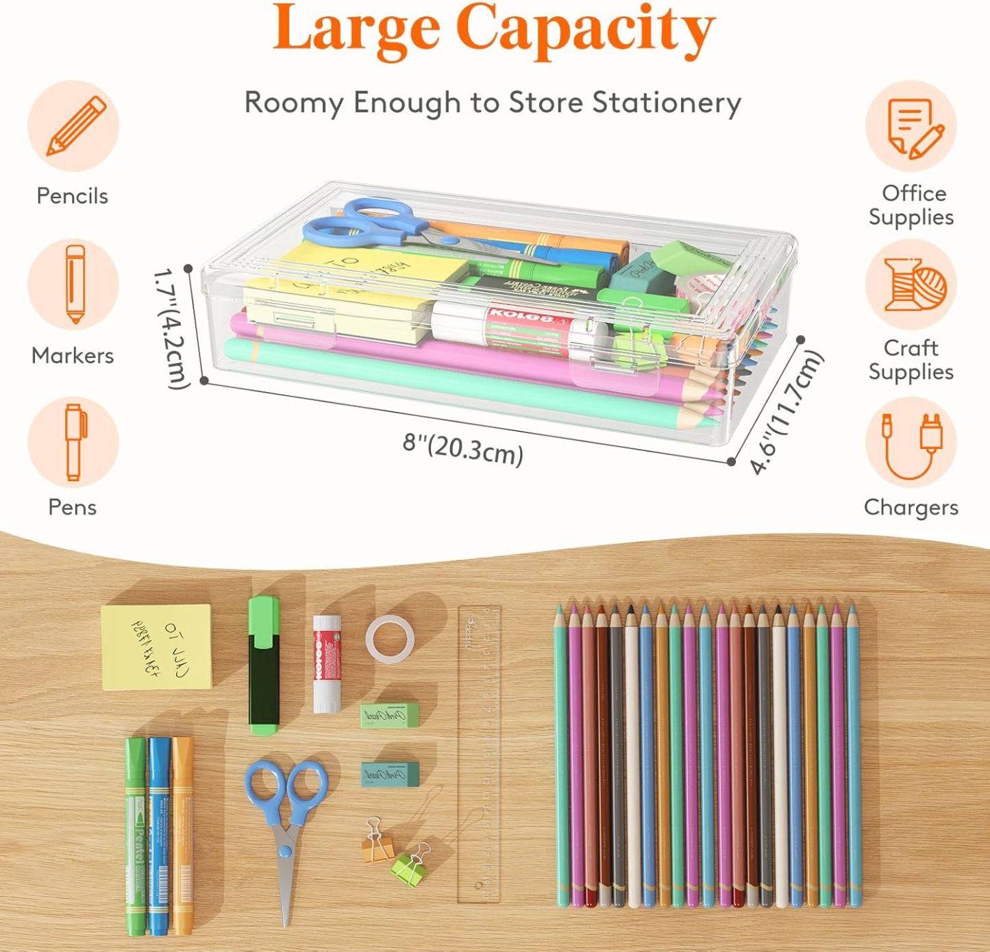 Plastic Pencil Box with Snap-tight Lid, Large Capacity Hard Pencil Case, Craft organizer for Art Supply,Office, 4 Pack