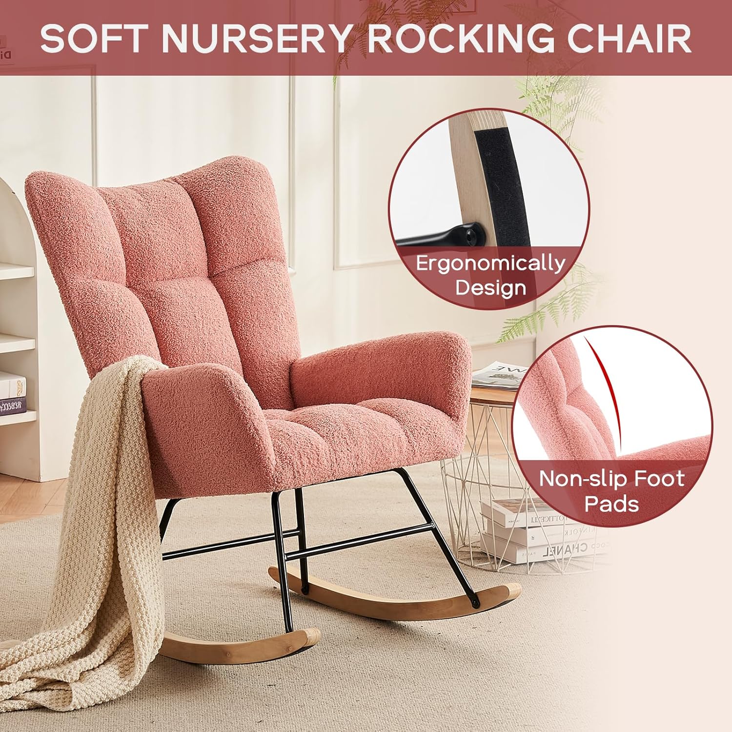 Modern Nursery Rocking Chair, Upholstered Glider Chair with High Backrest, Rocker Accent Armchair