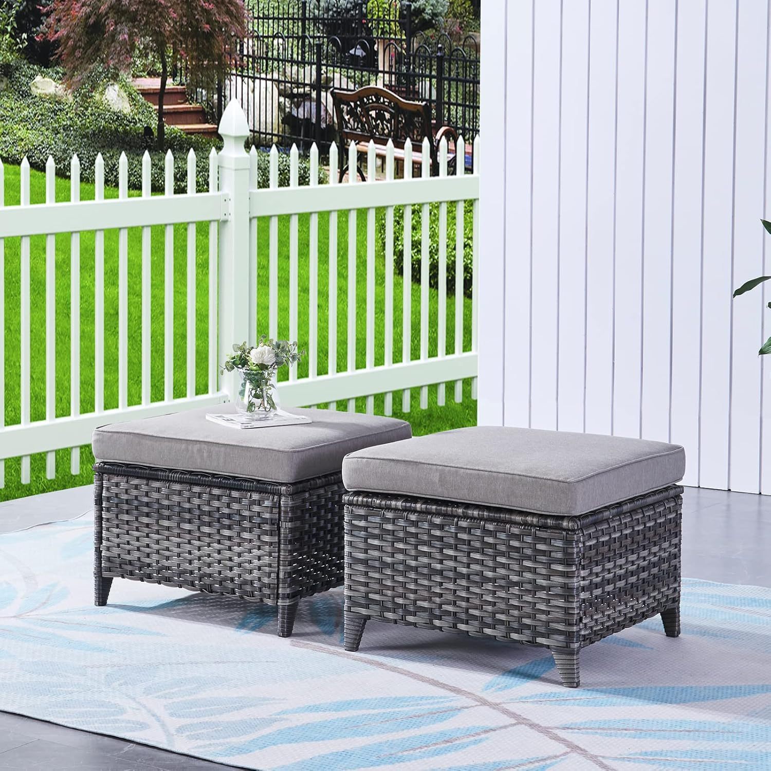 Outdoor Ottomans for Patio Set of 2 PE Wicker Steel Frame Outdoor Footstool for Patio, Backyard, Additional Seating, Side Tables with Removable Weather-Resistant Cushions