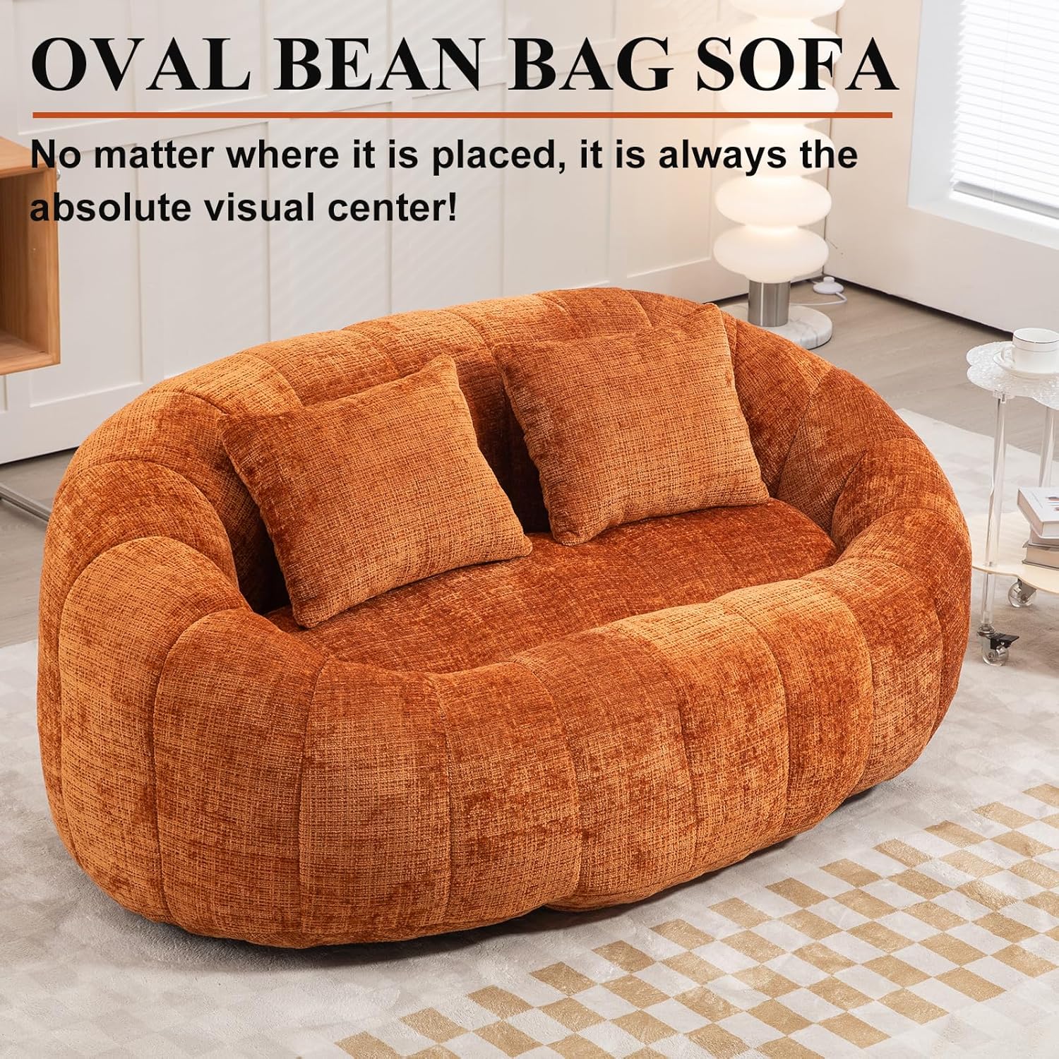 Oval Bean Bag Sofa, Chenille Upholstered Bean Bag Chair with Pillows, Padded Lazy Sofa with Tufted Backrest, Stuffed Bean Bag Couch with Thick Cushion