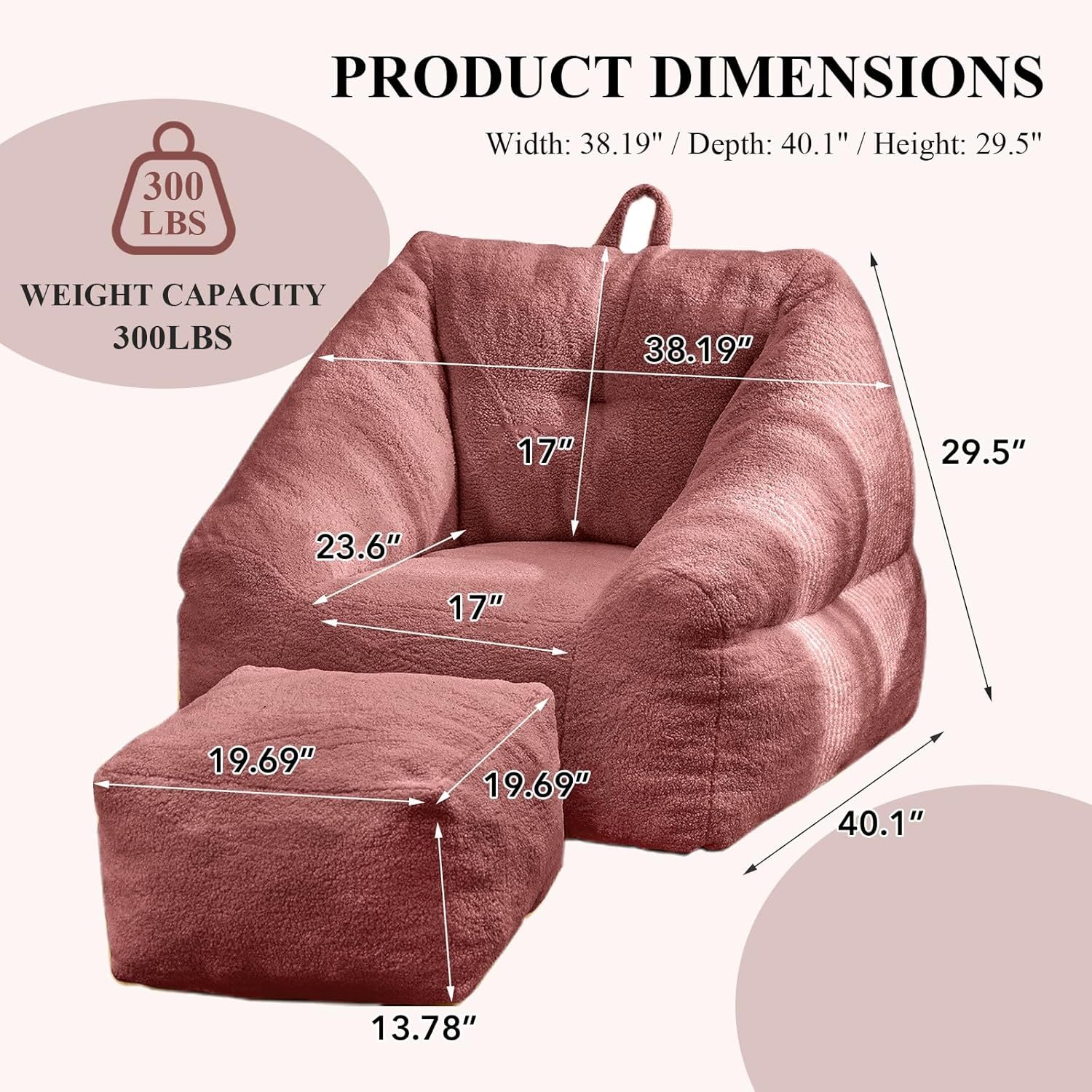 Bean Bag Chair for Adult, Teddy Upholstered Bean Bag Sofa with Large Footrest, Stuffed Beanbag Sofa Chair with Pull-Ring