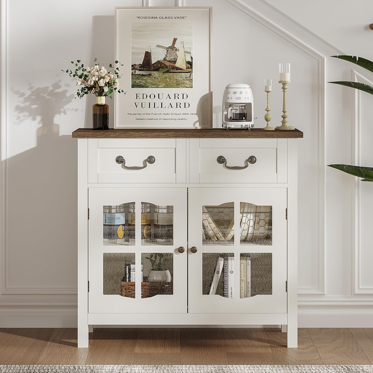 Farmhouse Sideboard Buffet Cabinet with Storage, Coffee Bar Cabinet with Glass Doors