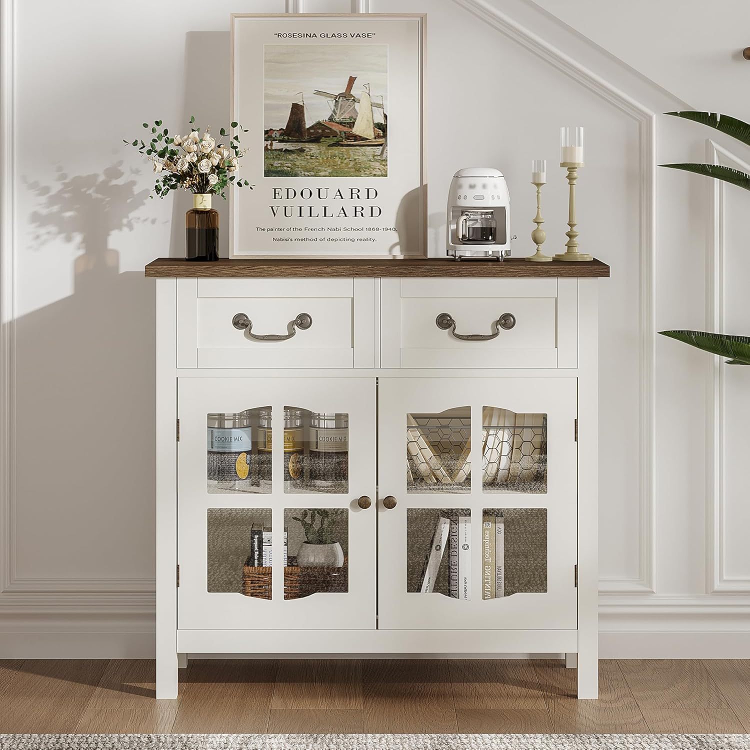 Farmhouse Sideboard Buffet Cabinet with Storage, Coffee Bar Cabinet with Glass Doors