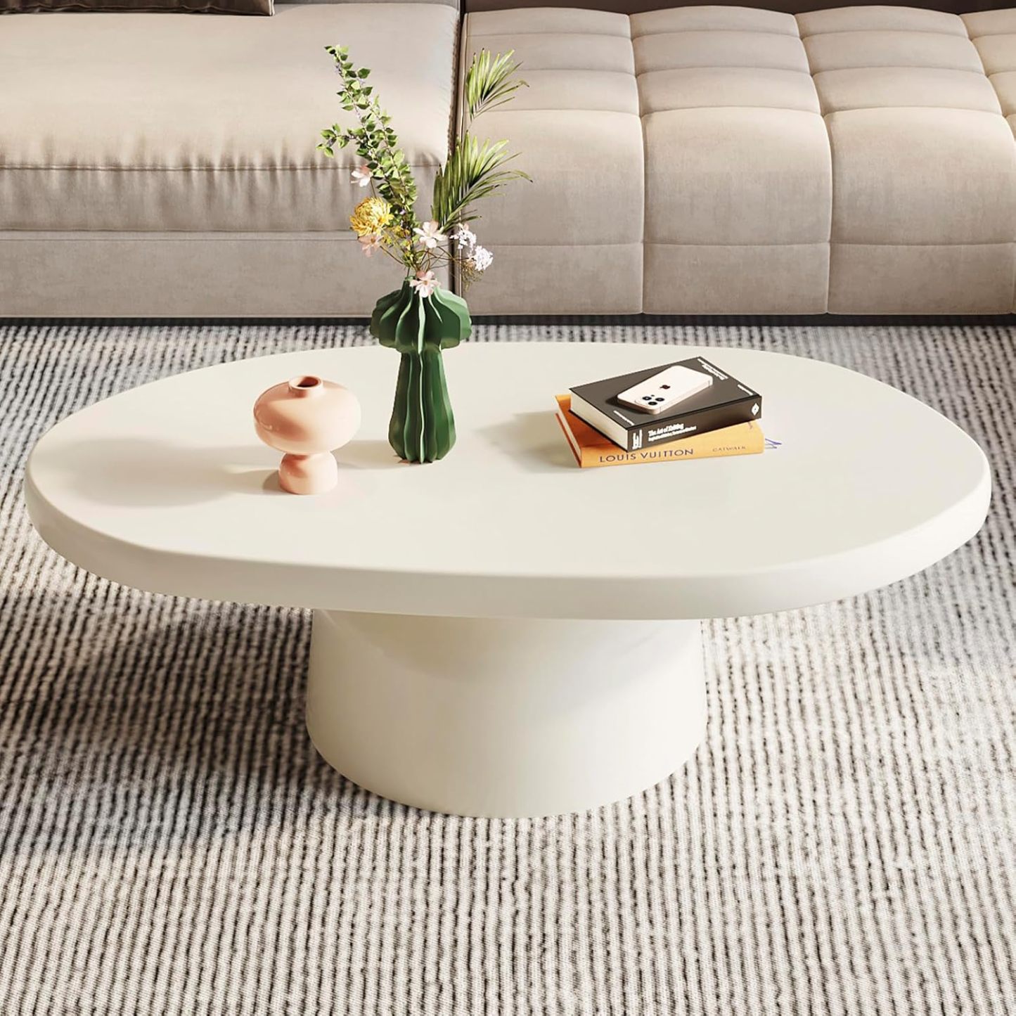 White Oval Coffee Table, 45" Modern Funky Living Room Coffee Table with Sturdy Pedestal