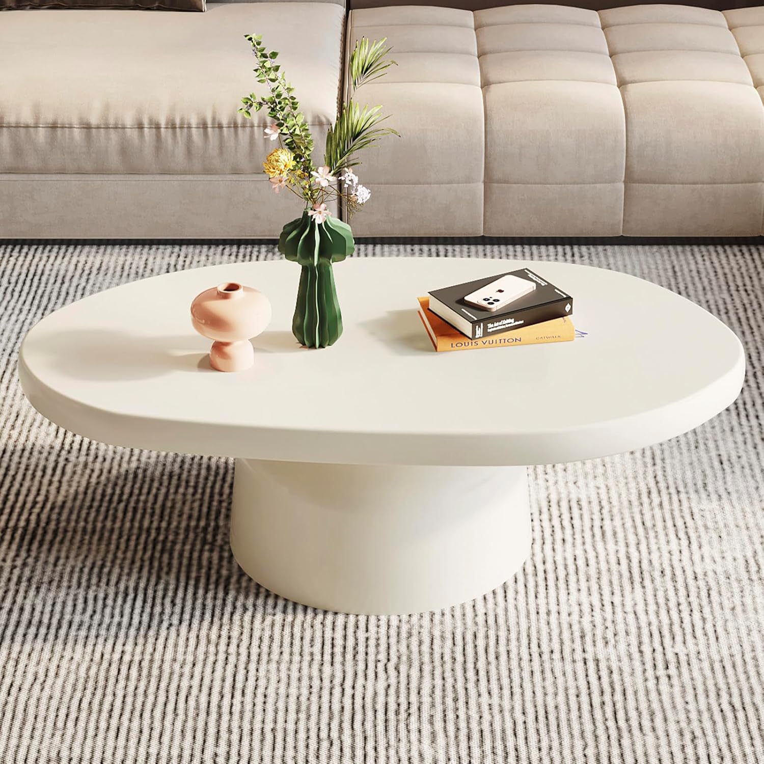 White Oval Coffee Table, 45" Modern Funky Living Room Coffee Table with Sturdy Pedestal