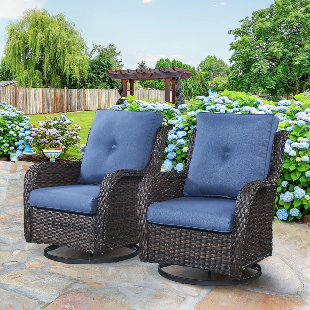 8 Piece Patio Furniture PE Wikcer Outdoor Furniture Set with Sectional Sofa Swivel Patio Chairs Ottomans and Glass Coffee Table