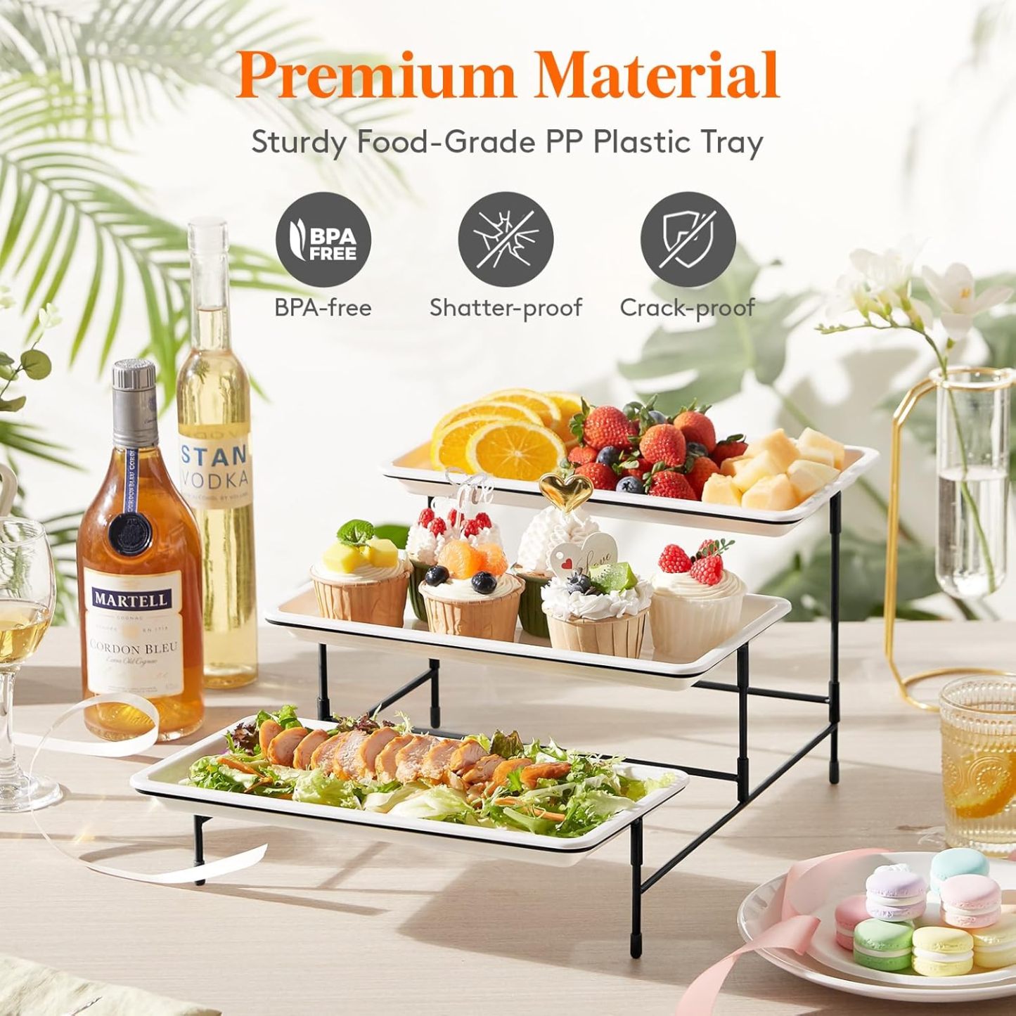 3 Tier Plastic Serving Tray for Party Supplies, 12" x 6.5" Platters for Serving Food, White Reusable Trays with Black Metal Display Stand