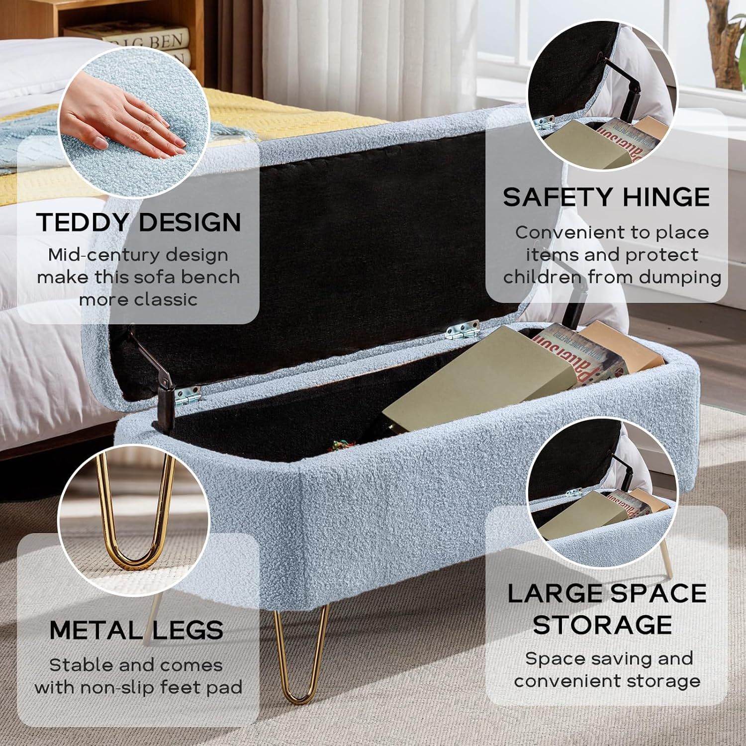 Modern Storage Ottoman Bench, Vintage Boucle Upholstered Entryway Bench, End of Bed Bench with Gold Legs