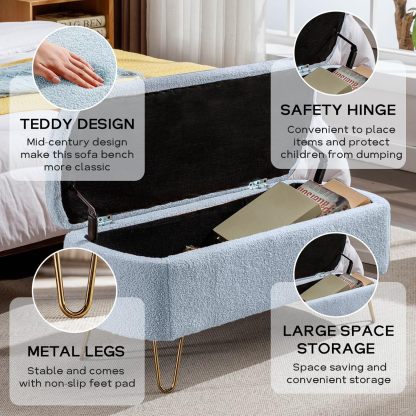 Modern Storage Ottoman Bench, Vintage Boucle Upholstered Entryway Bench, End of Bed Bench with Gold Legs