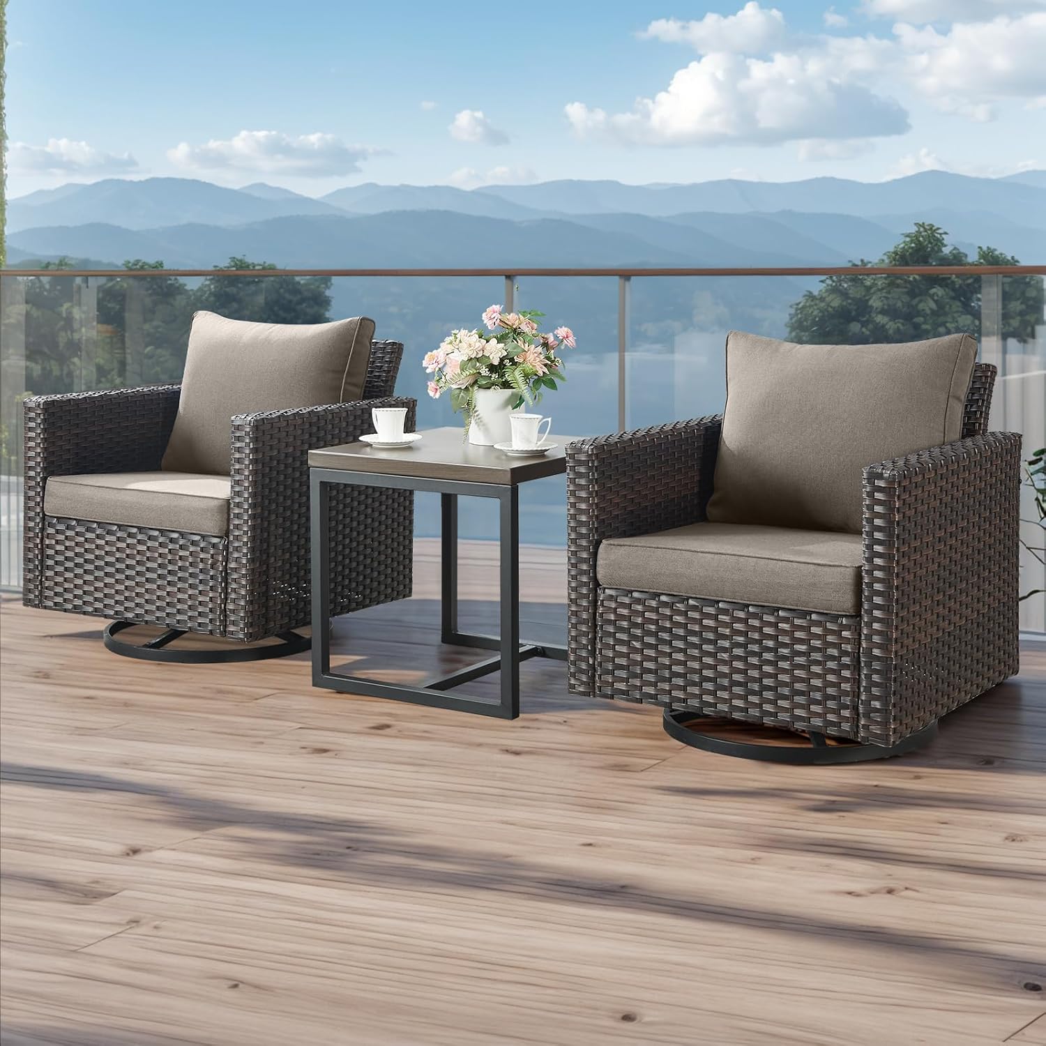 3-Piece Patio Swivel Chairs,PE Wicker Outdoor Rocking Chairs Bistro Set with Side Table Porch Balcony Furniture with Cushions