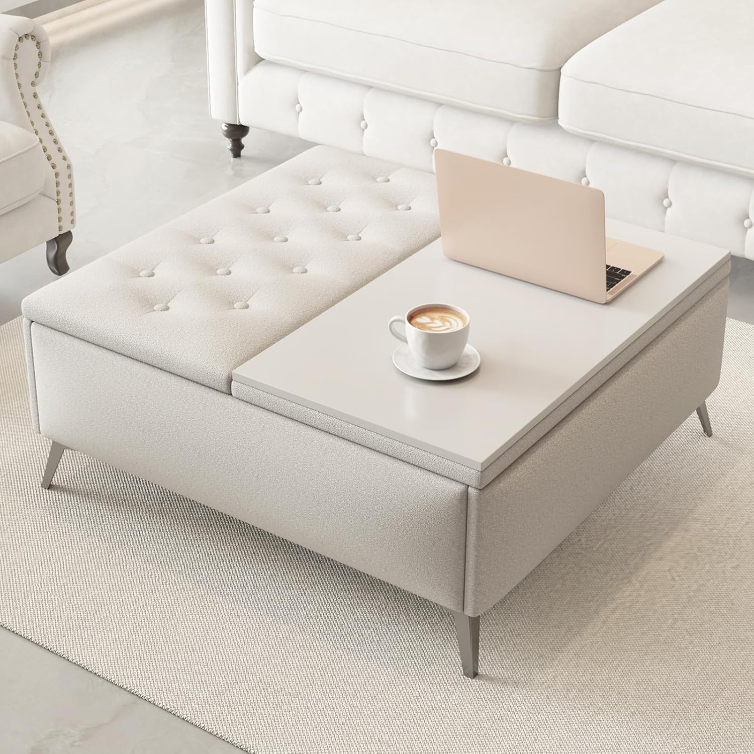 Square Storage Ottoman Bench, Linen Upholstered Coffee Table with Lift Top, Oversized End Bed Bench with Metal Legs